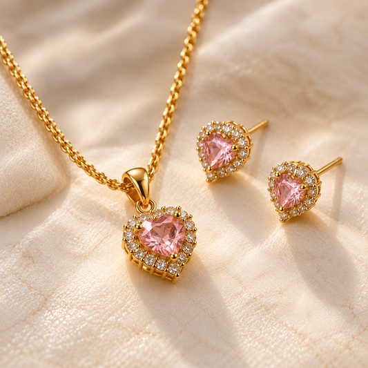 Rosé 18K Gold-Plated Pink Heart Pendant & Earring Set
