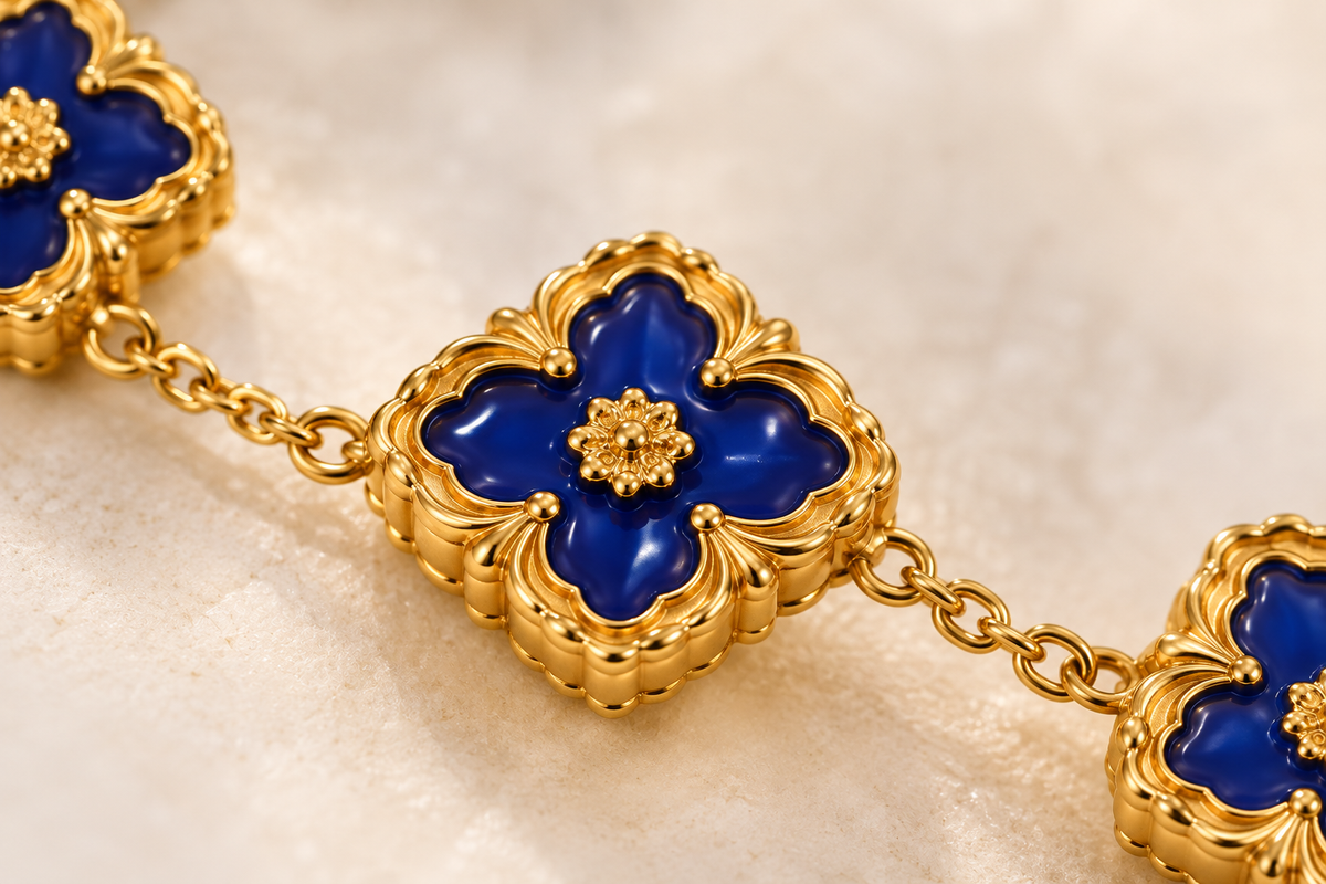 Royal Blue Clover Floral Bracelet – 18K Gold-Plated