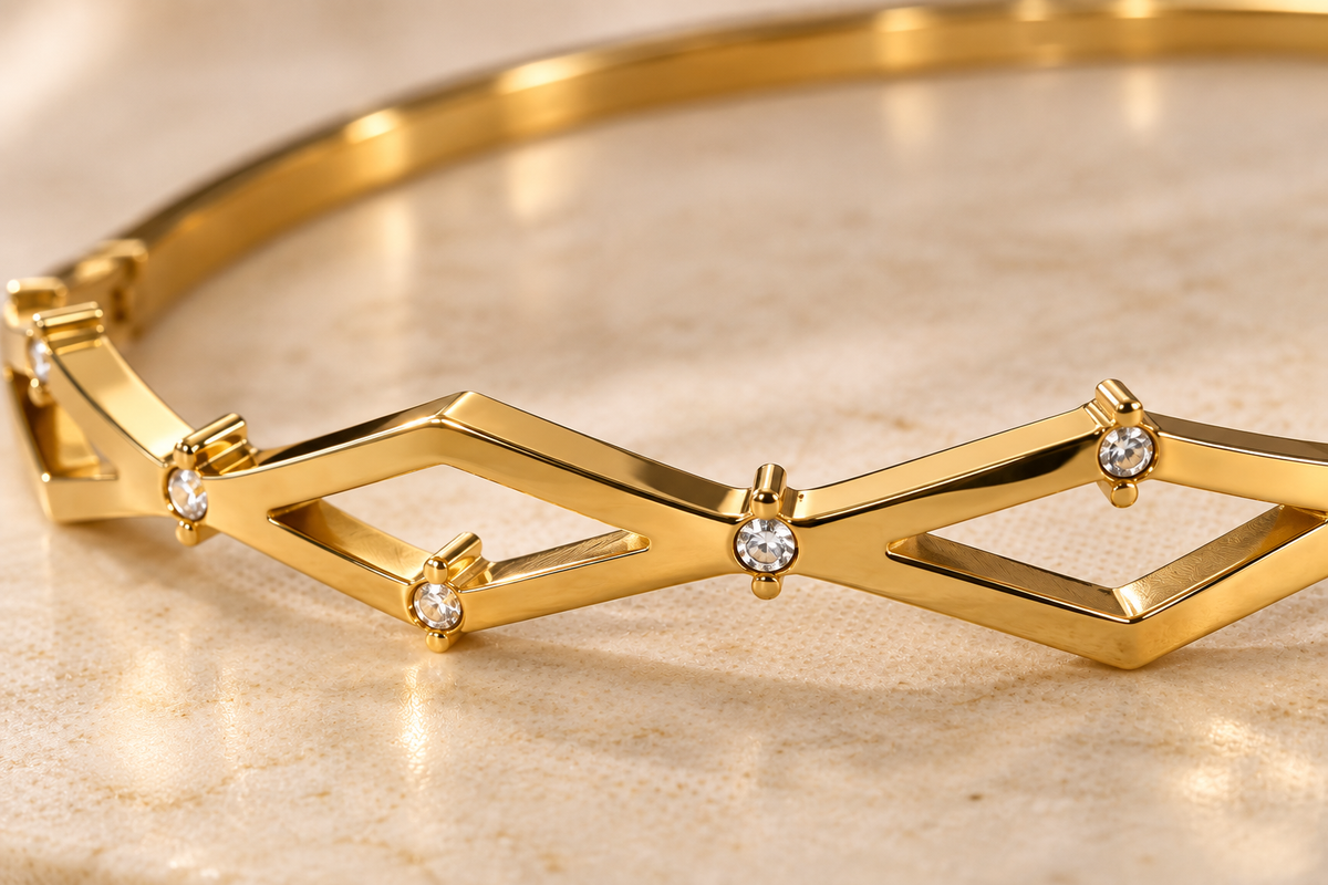 Celestial Geometric Crystal Bangle – 18K Gold-Plated