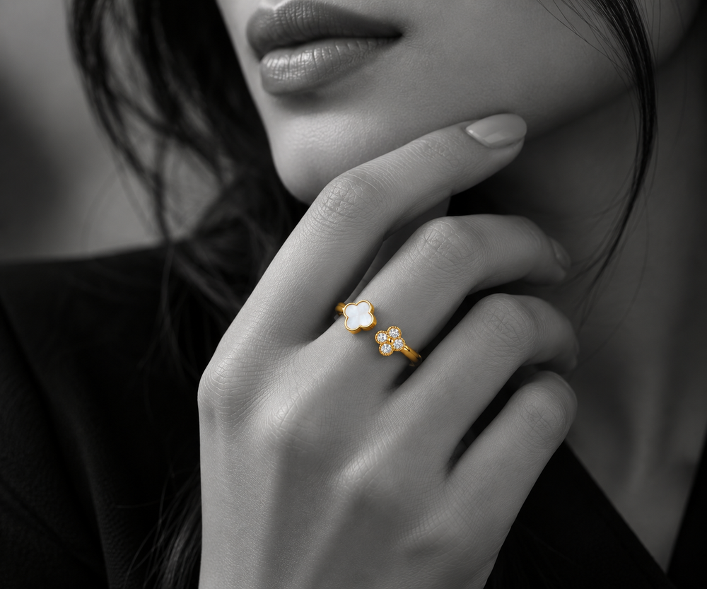 Celeste 18K Gold-Plated White Clover Open Ring