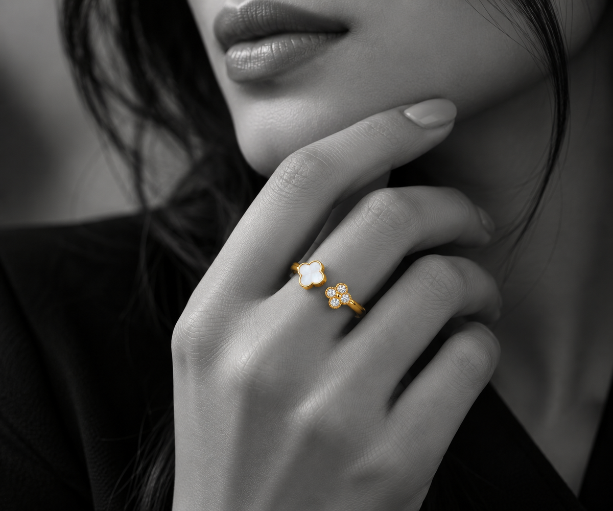 Celeste 18K Gold-Plated White Clover Open Ring