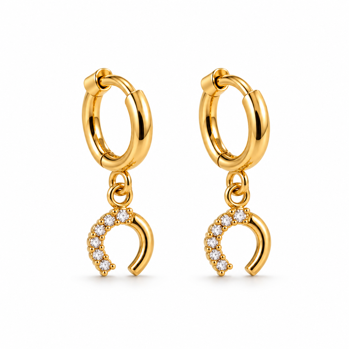 Crescent Crystal Drop Hoop Earrings – 18K Gold-Plated