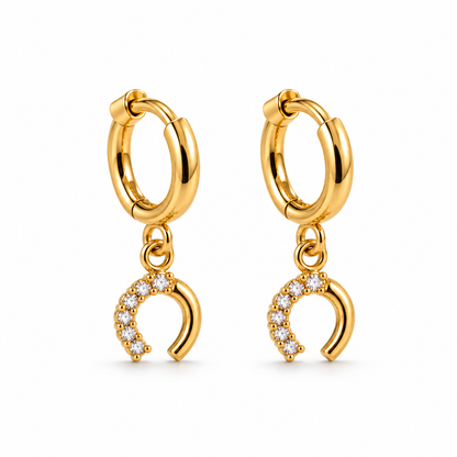 Crescent Crystal Drop Hoop Earrings – 18K Gold-Plated