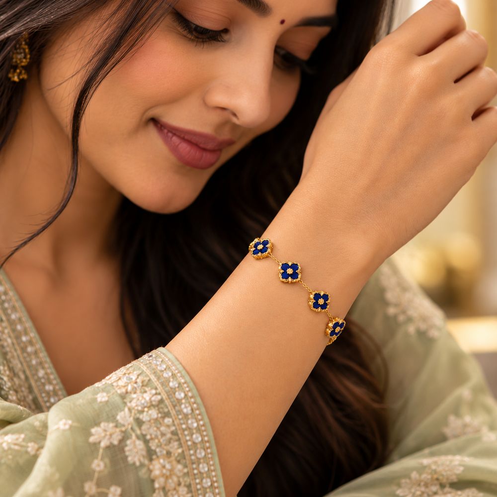 Royal Blue Clover Floral Bracelet – 18K Gold-Plated