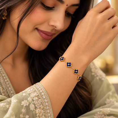 Royal Blue Clover Floral Bracelet – 18K Gold-Plated