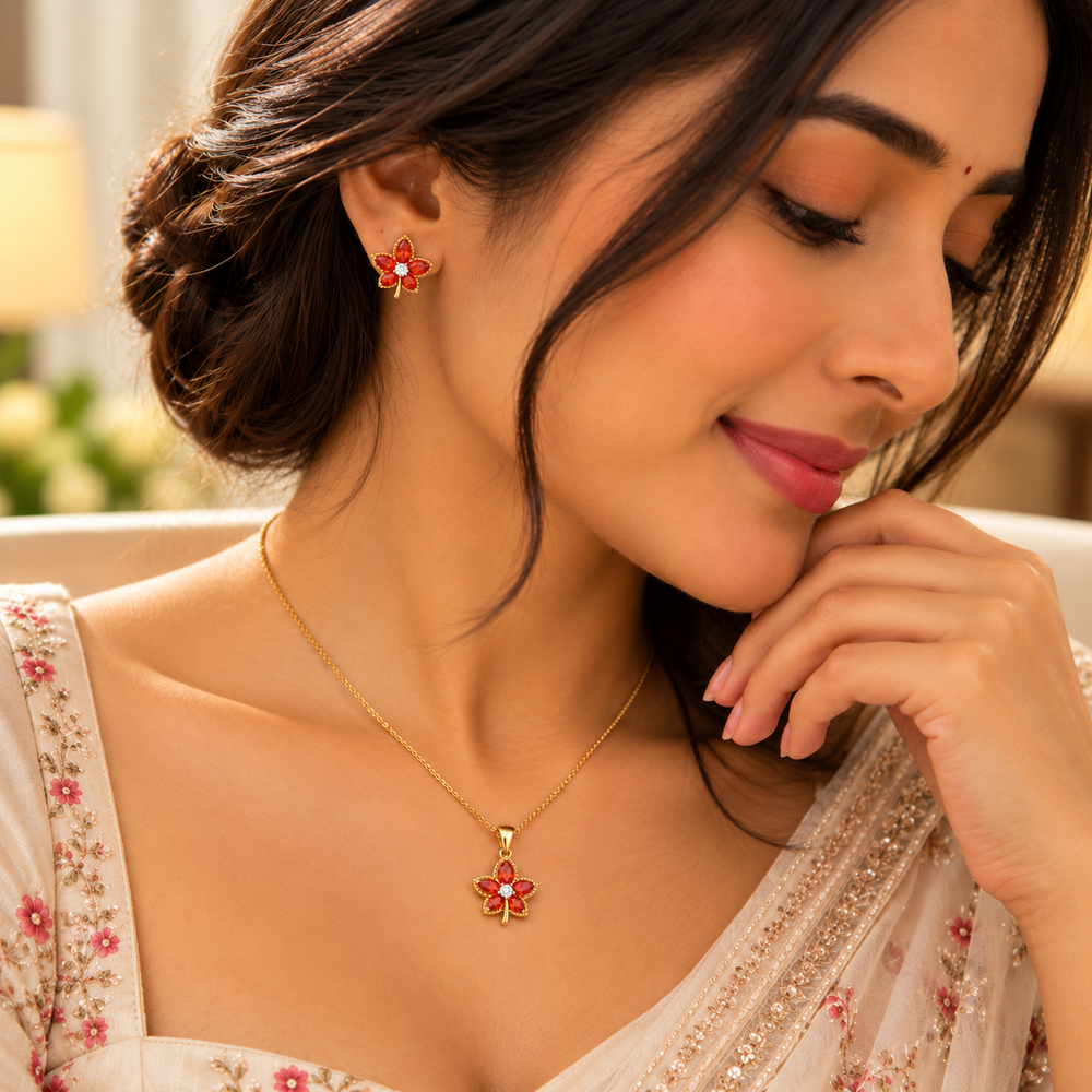 Ory Ruby Flower Pendant & Earrings Set – 18K Gold-Plated
