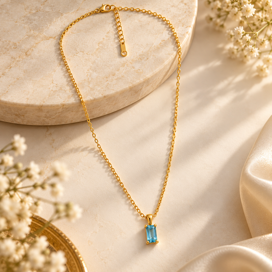Blue Emerald-Cut Pendant Necklace – 18K Gold-Plated