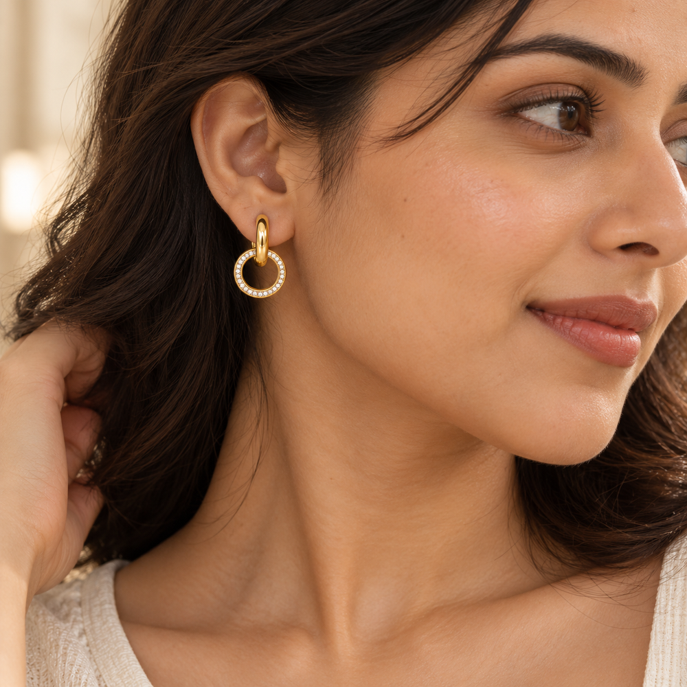 Celeste Pavé Circle Drop Earrings – 18K Gold-Plated