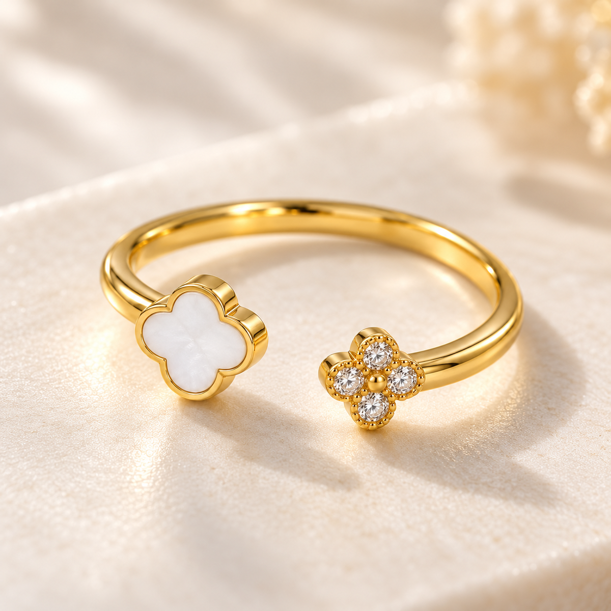 Celeste 18K Gold-Plated White Clover Open Ring