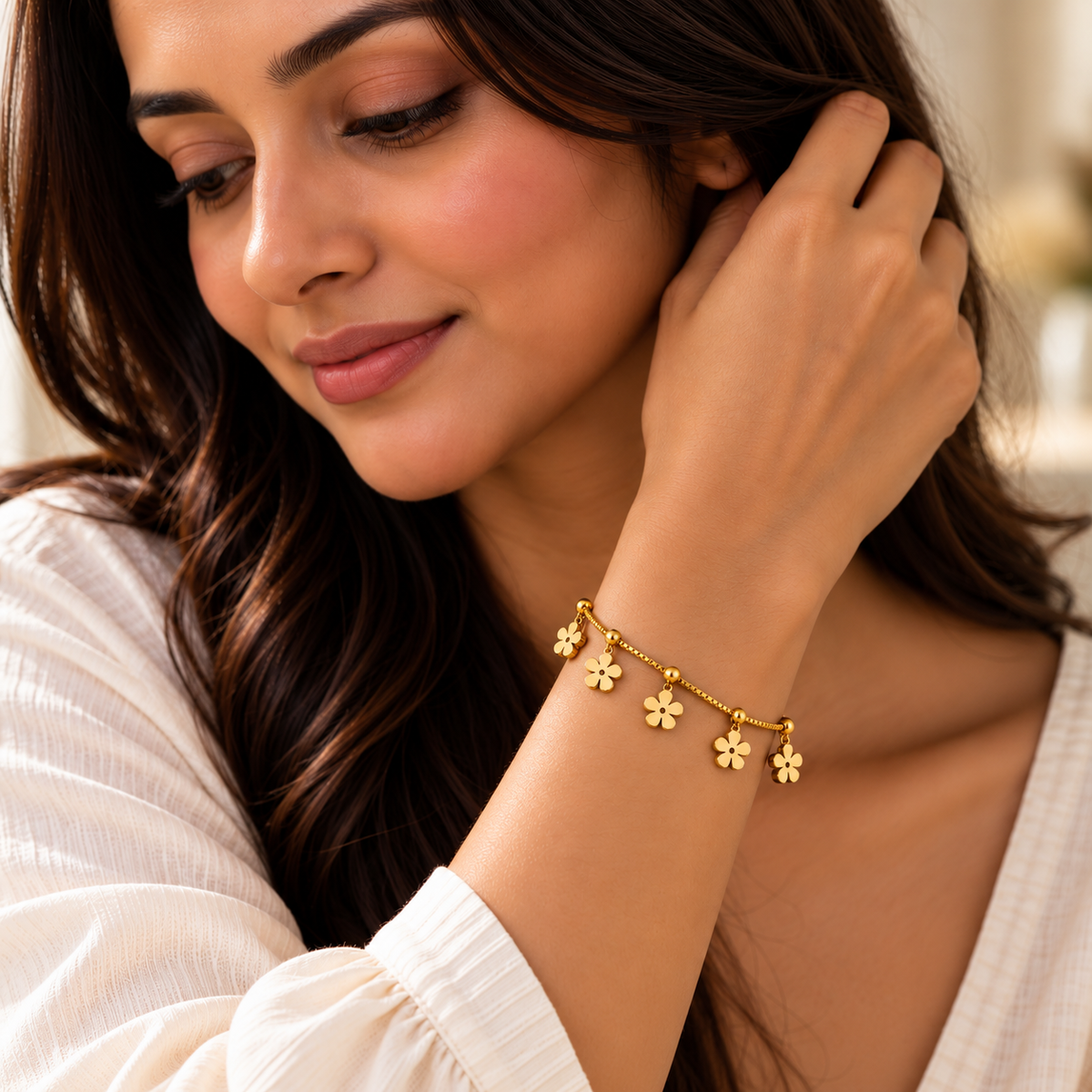 Golden Floral Charm Bracelet – 18K Gold-Plated