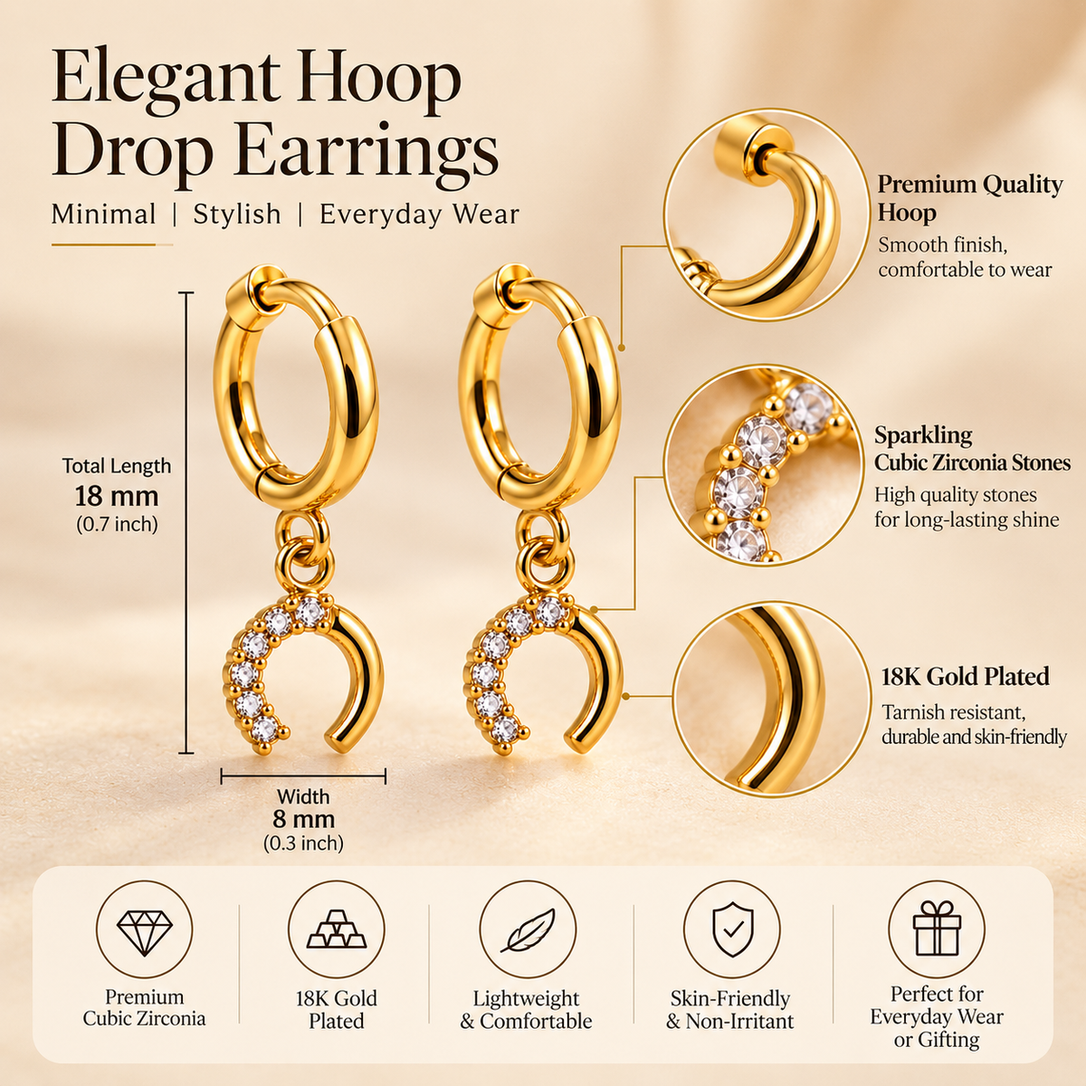 Crescent Crystal Drop Hoop Earrings – 18K Gold-Plated