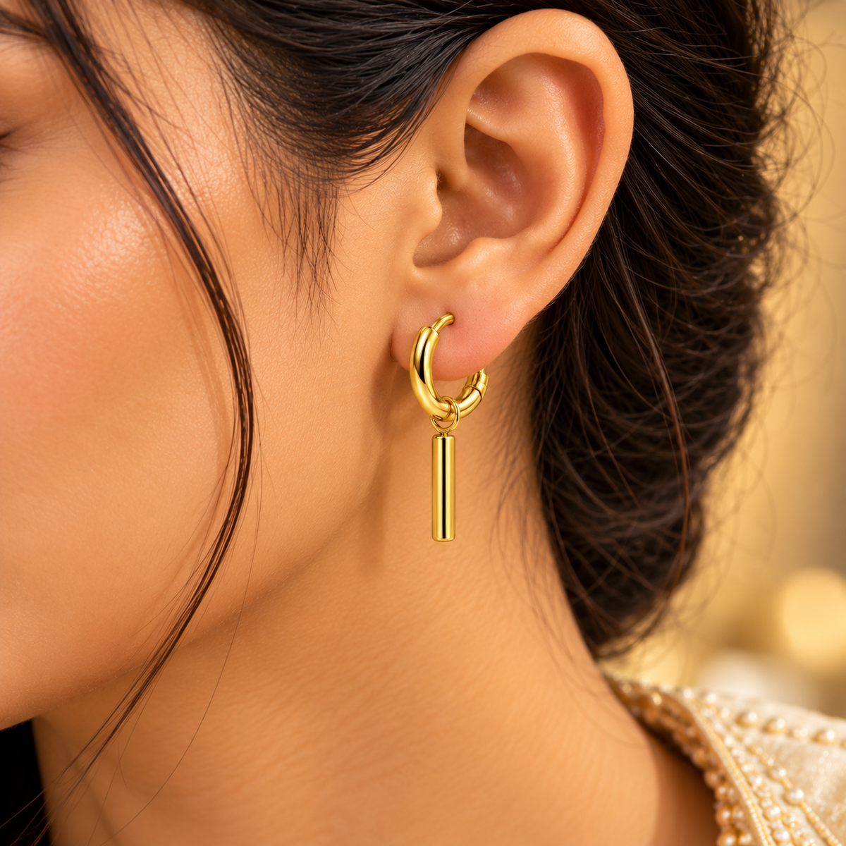 Minimal Bar Drop Hoop Earrings – 18K Gold-Plated