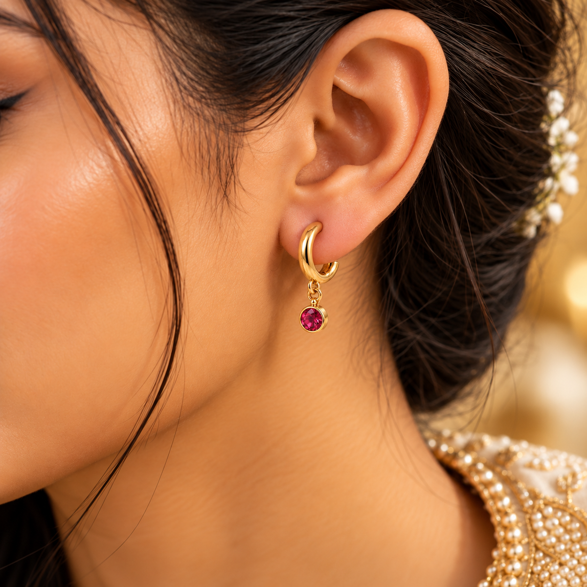 Ruby Red Stone Drop Hoop Earrings – 18K Gold-Plated