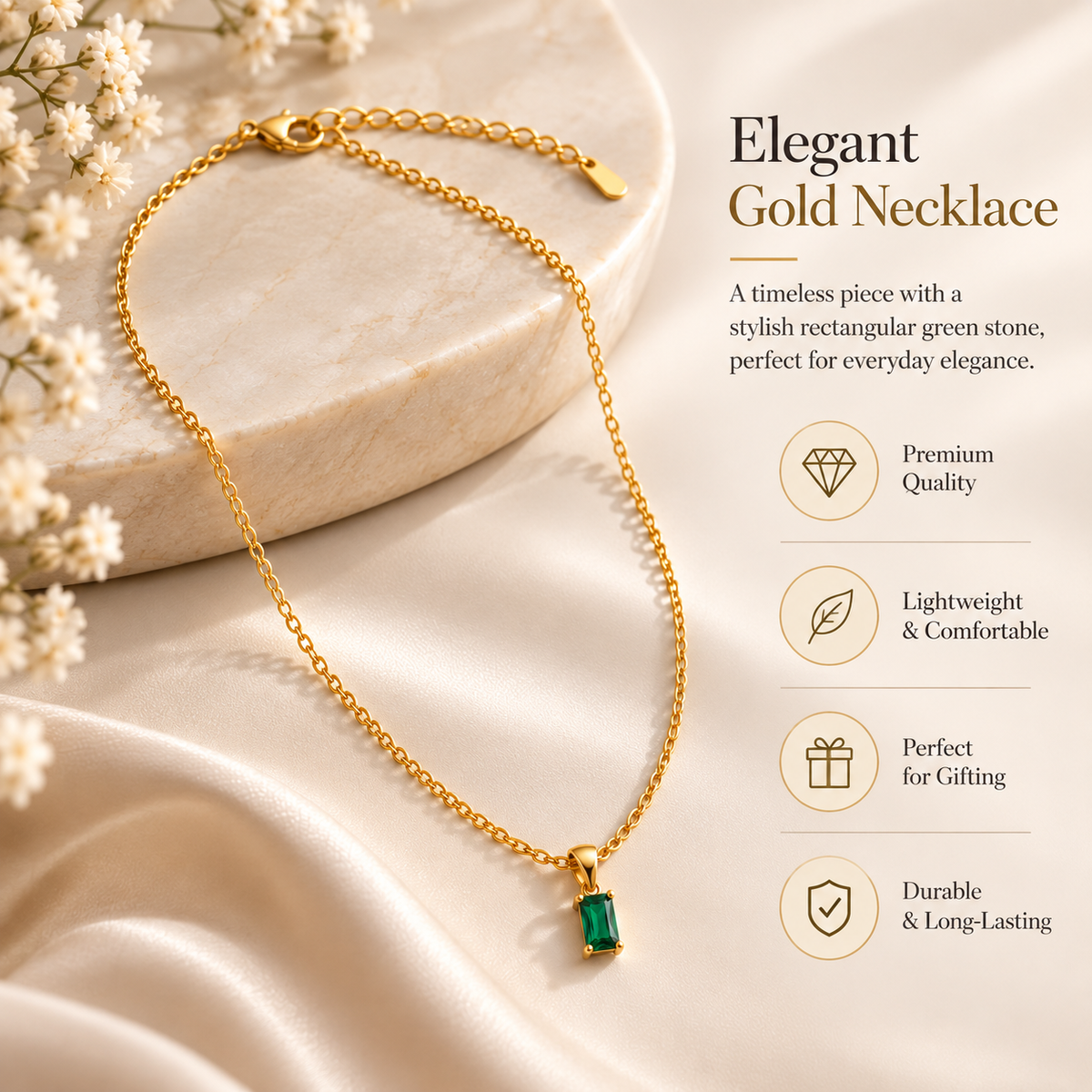 Emerald-Cut Green Pendant Necklace – 18K Gold-Plated