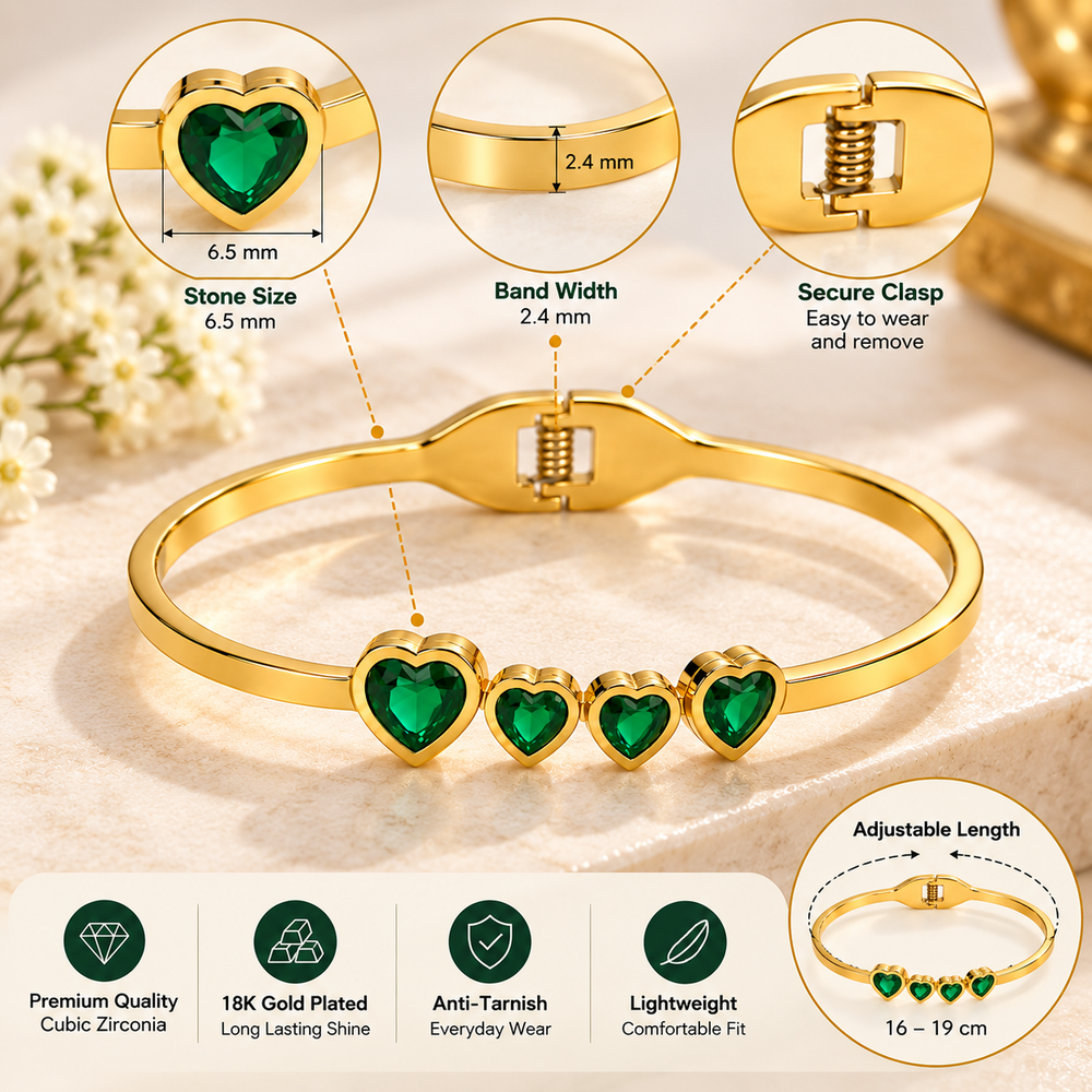 Emerald Heart Bangle – 18K Gold-Plated