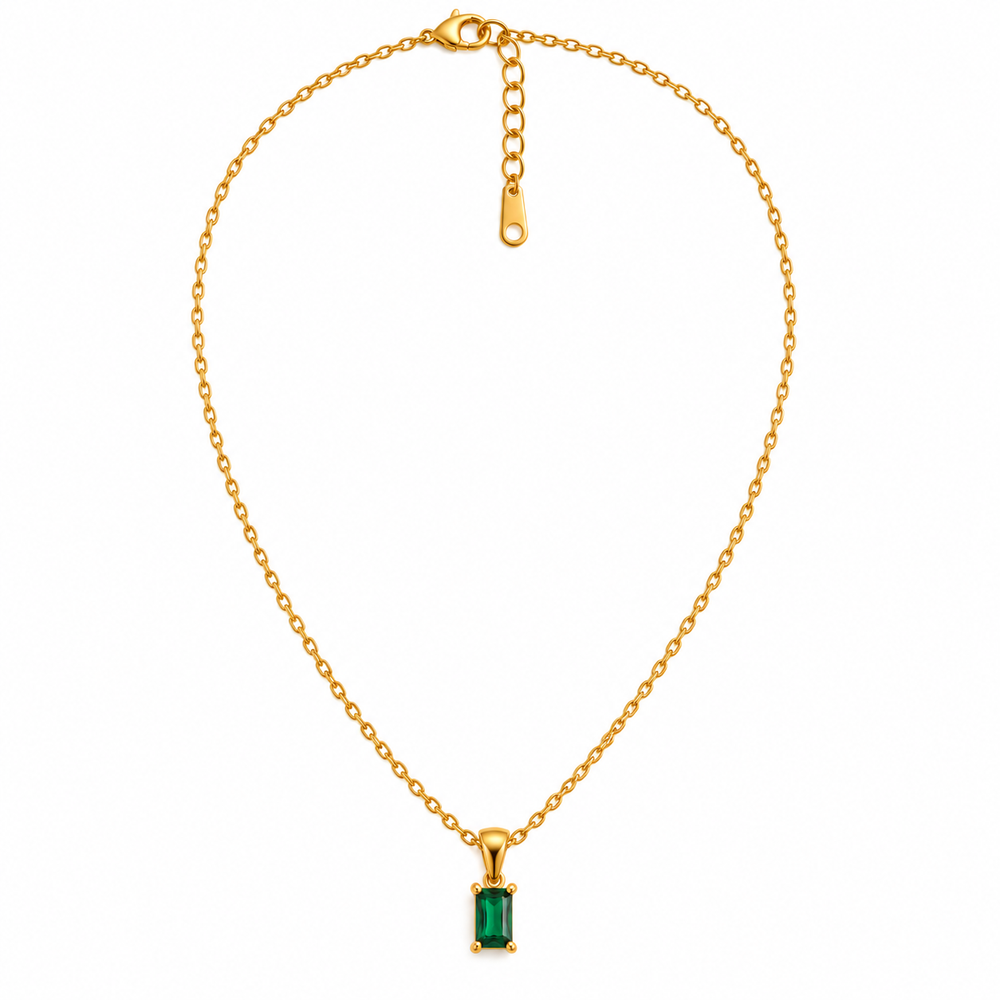 Emerald-Cut Green Pendant Necklace – 18K Gold-Plated