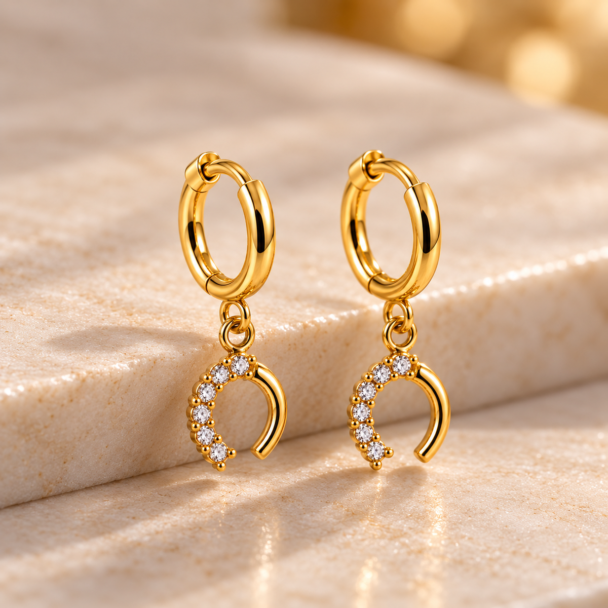 Crescent Crystal Drop Hoop Earrings – 18K Gold-Plated