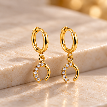 Crescent Crystal Drop Hoop Earrings – 18K Gold-Plated