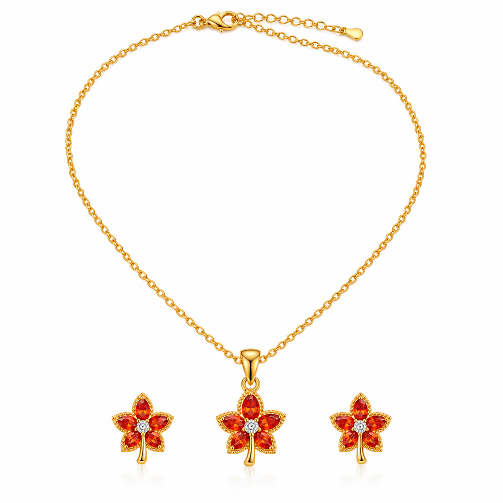Ory Ruby Flower Pendant & Earrings Set – 18K Gold-Plated