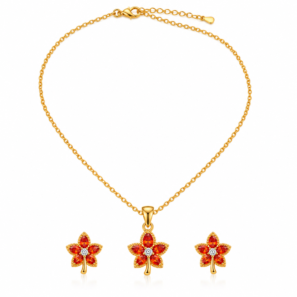 Ory Ruby Flower Pendant & Earrings Set – 18K Gold-Plated