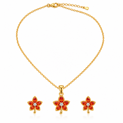 Ory Ruby Flower Pendant & Earrings Set – 18K Gold-Plated
