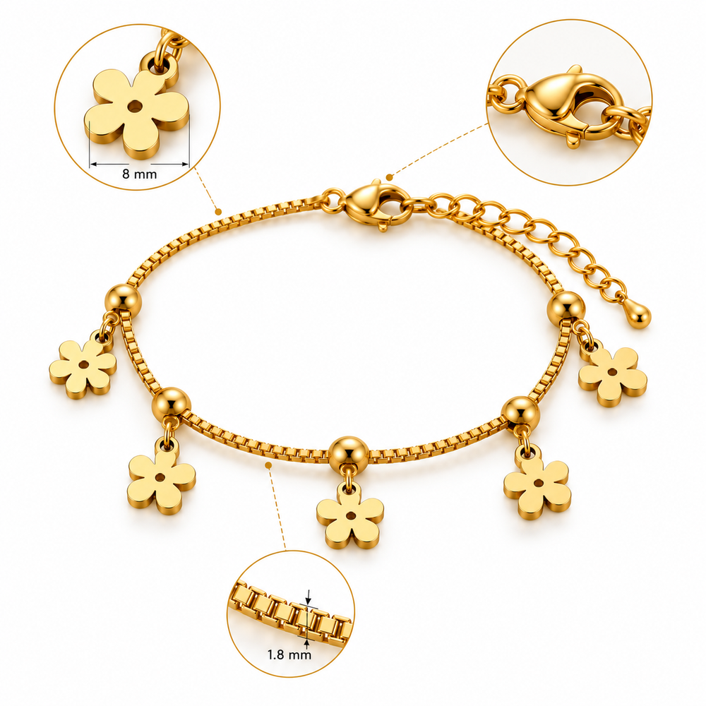 Golden Floral Charm Bracelet – 18K Gold-Plated