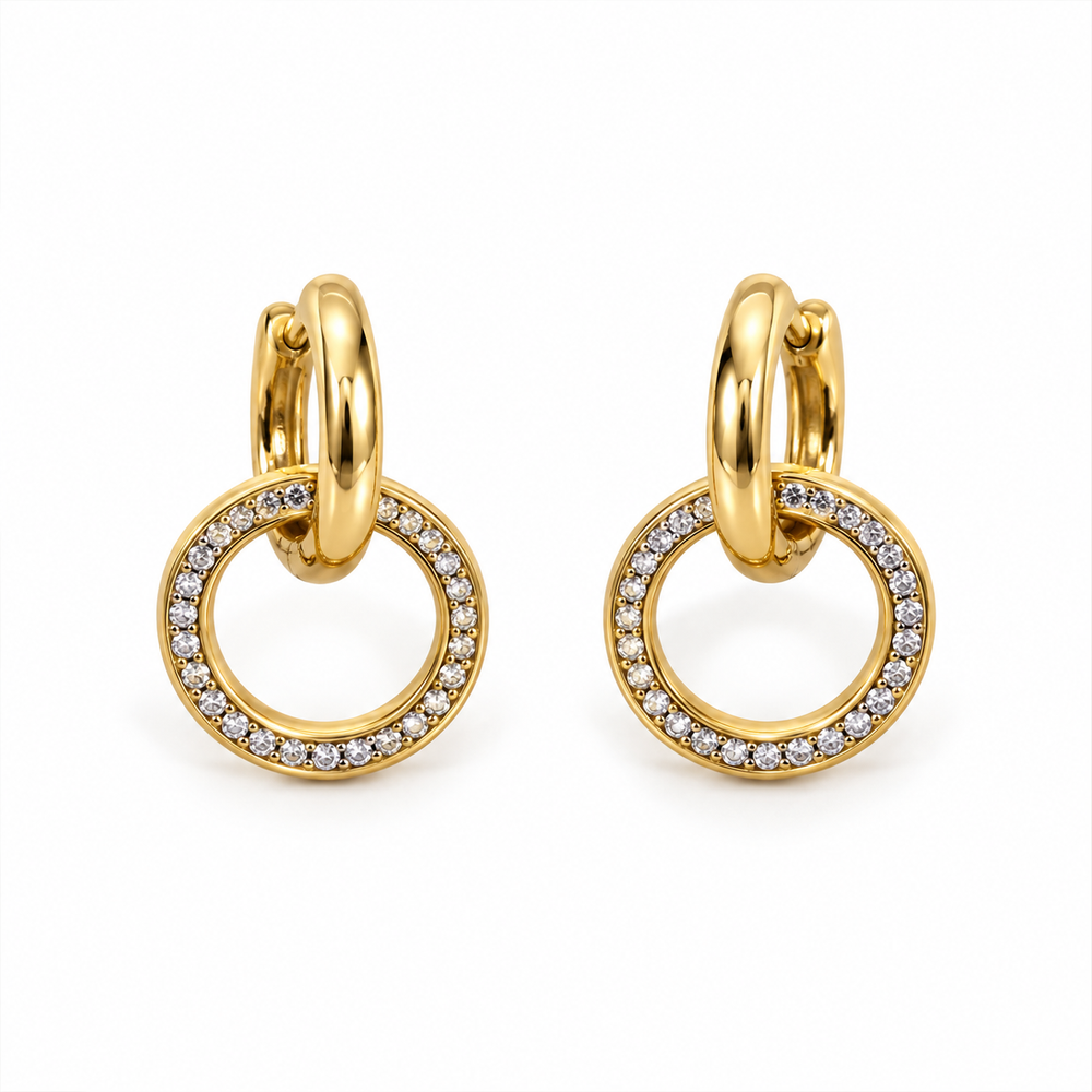 Celeste Pavé Circle Drop Earrings – 18K Gold-Plated