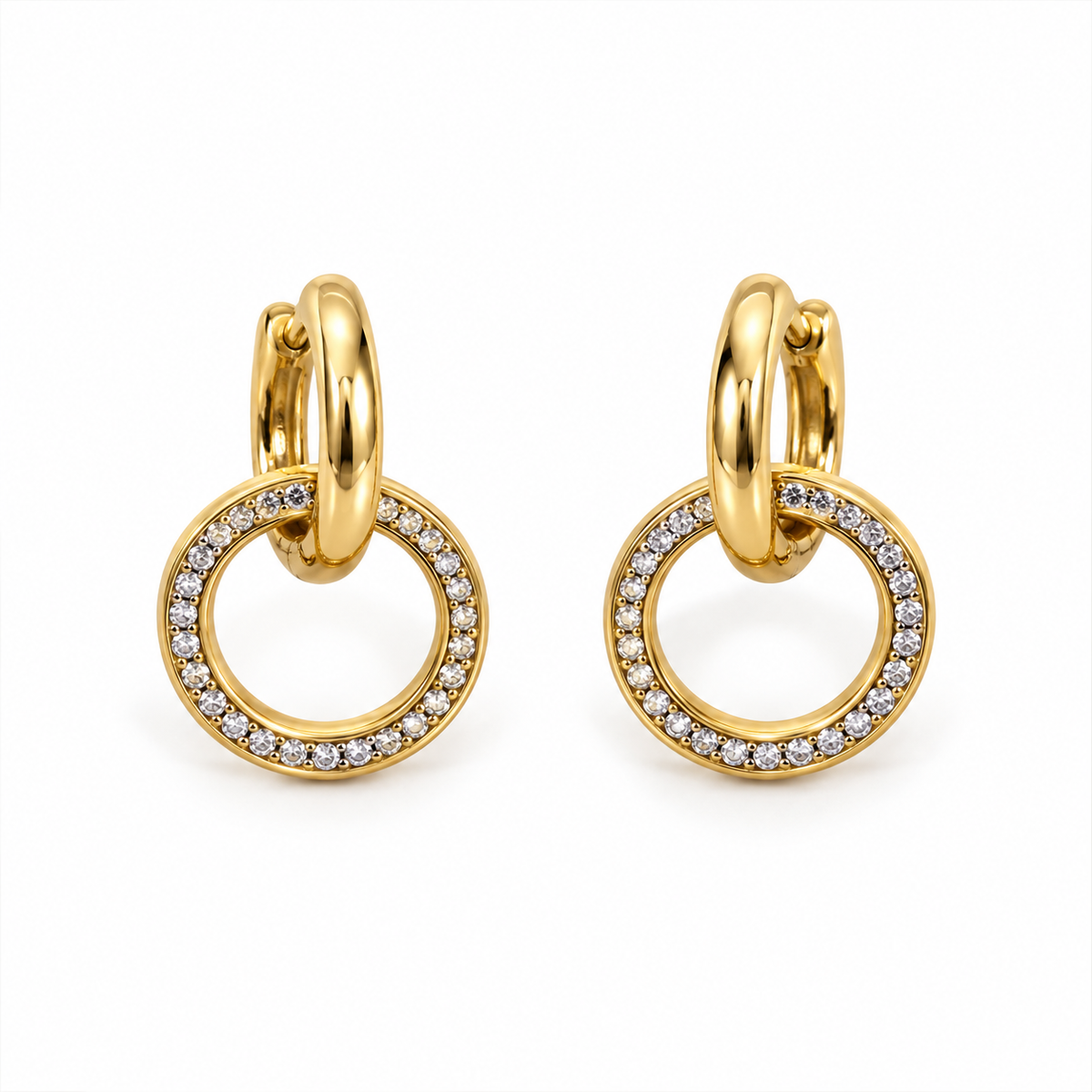 Celeste Pavé Circle Drop Earrings – 18K Gold-Plated