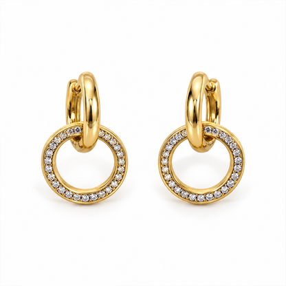 Celeste Pavé Circle Drop Earrings – 18K Gold-Plated
