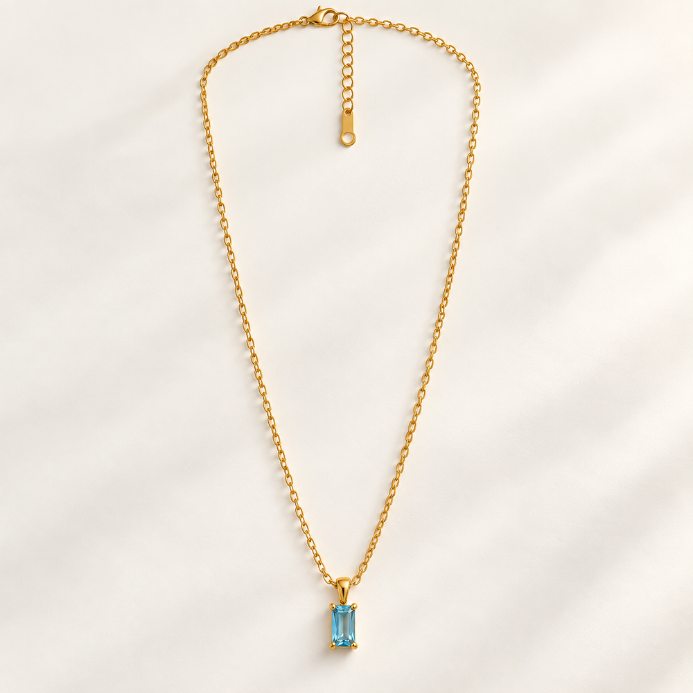 Blue Emerald-Cut Pendant Necklace – 18K Gold-Plated