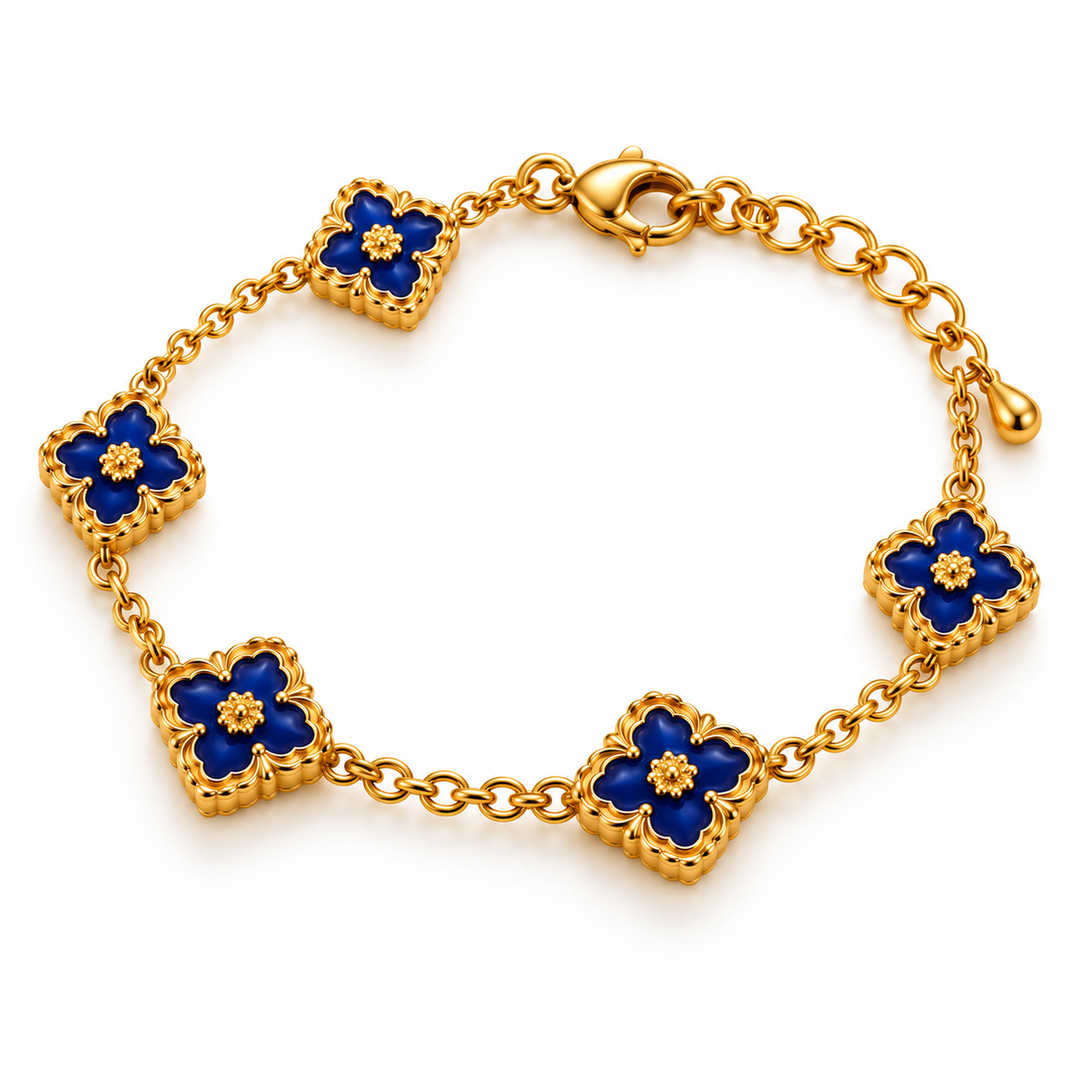 Royal Blue Clover Floral Bracelet – 18K Gold-Plated