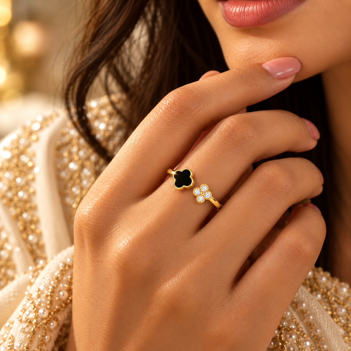 Celeste 18K Gold-Plated Black Clover Open Ring