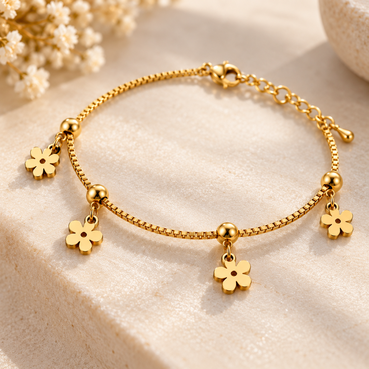 Golden Floral Charm Bracelet – 18K Gold-Plated