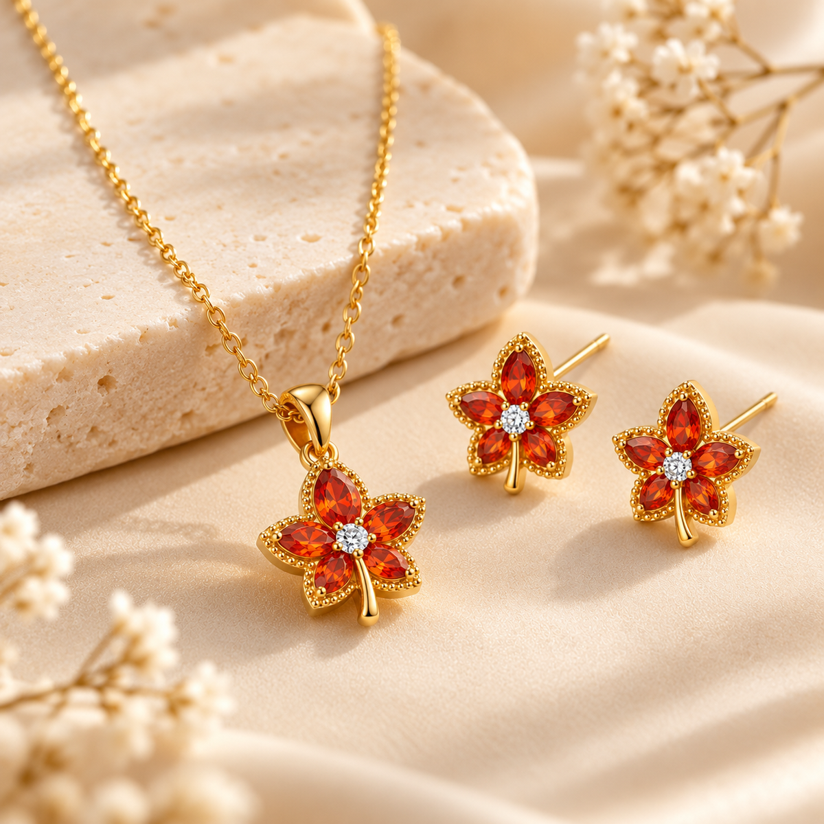 Ory Ruby Flower Pendant & Earrings Set – 18K Gold-Plated