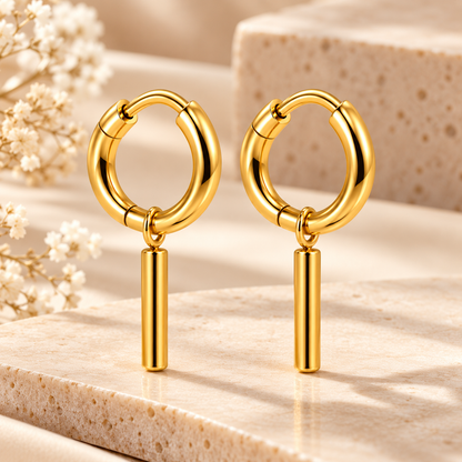 Minimal Bar Drop Hoop Earrings – 18K Gold-Plated