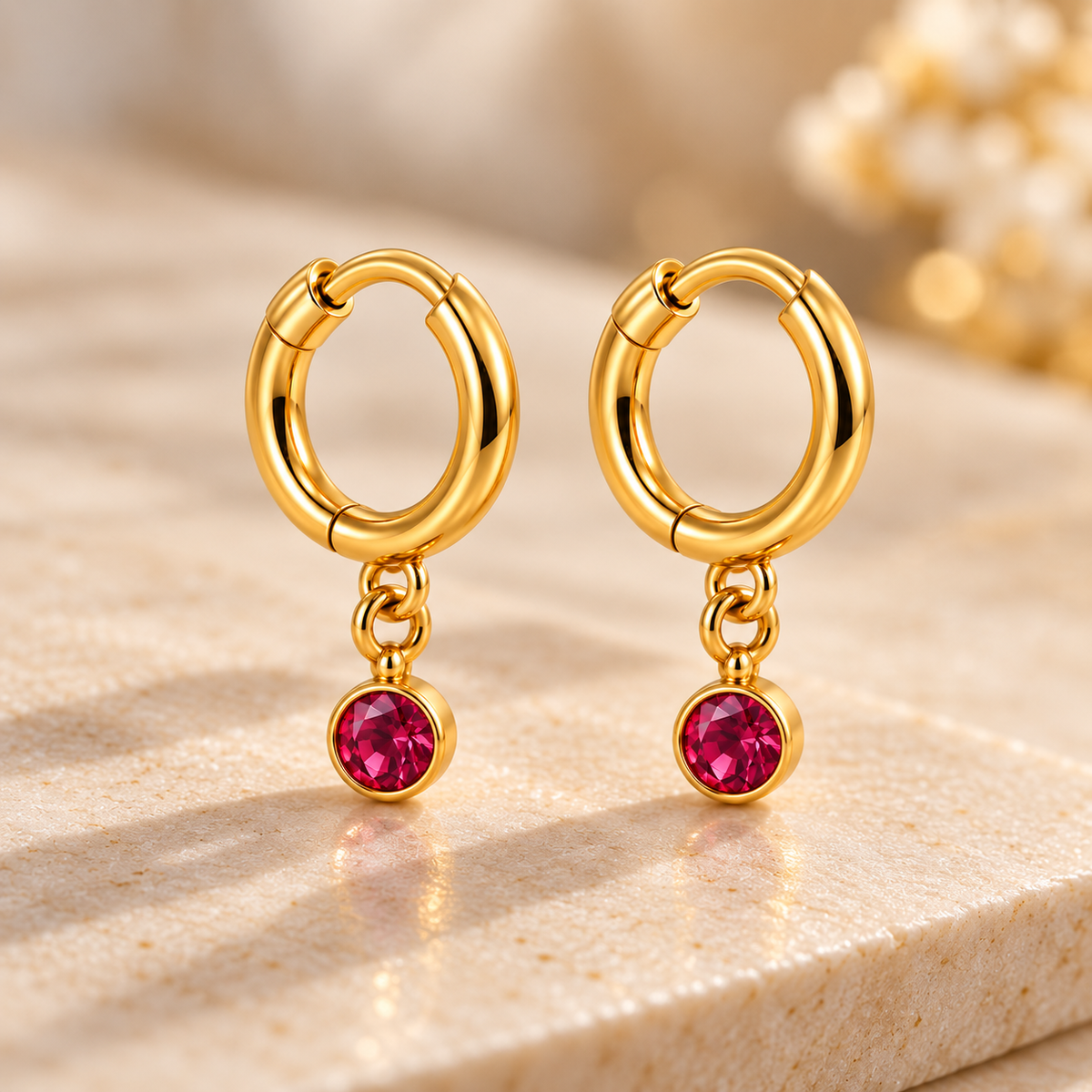 Ruby Red Stone Drop Hoop Earrings – 18K Gold-Plated
