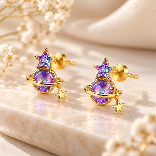 Celestial Star & Planet Earrings – 18K Gold-Plated