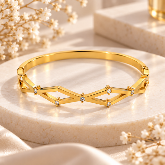 Celestial Geometric Crystal Bangle – 18K Gold-Plated