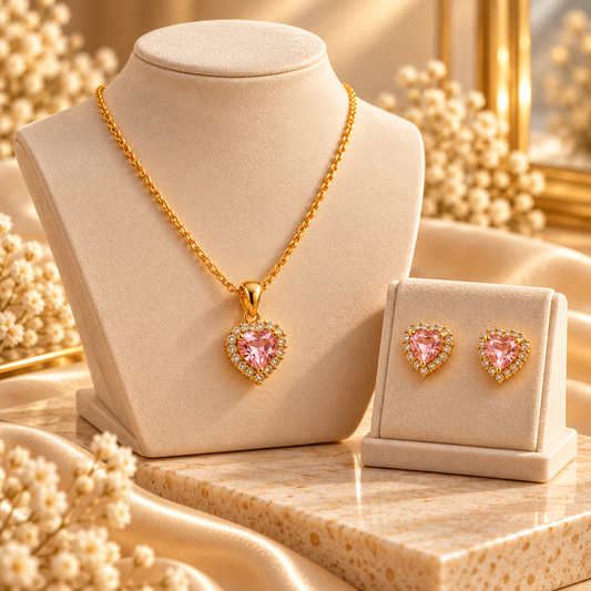 Rosé 18K Gold-Plated Pink Heart Pendant & Earring Set