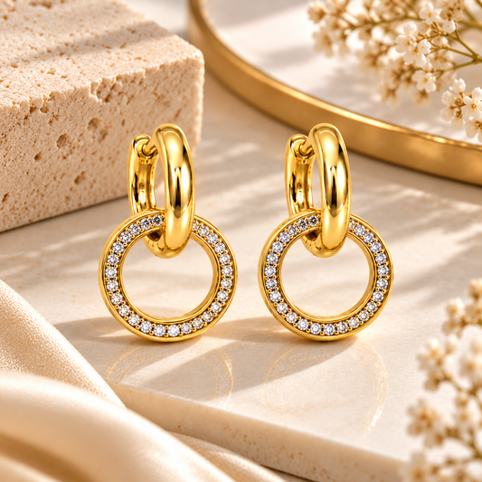 Celeste Pavé Circle Drop Earrings – 18K Gold-Plated