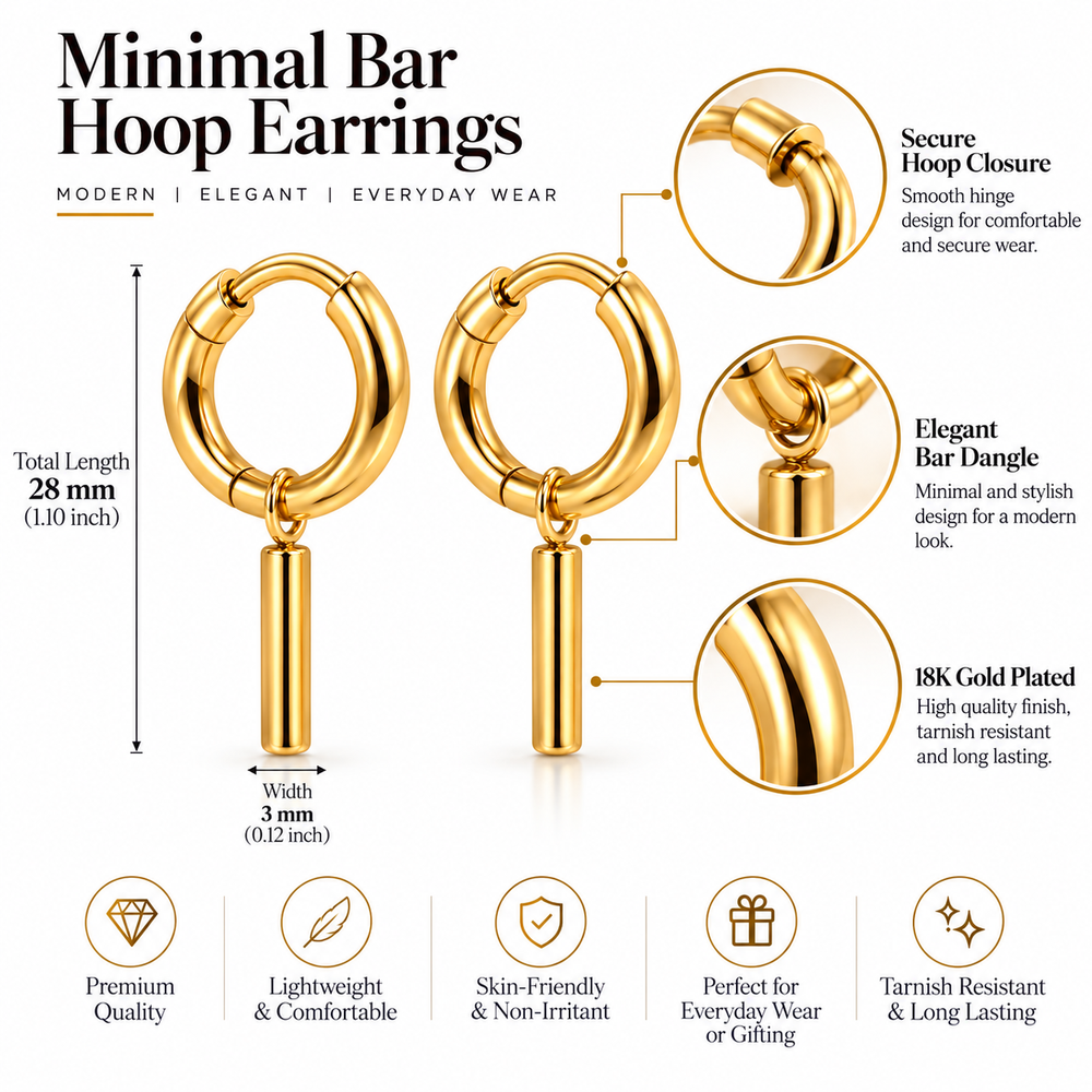 Minimal Bar Drop Hoop Earrings – 18K Gold-Plated