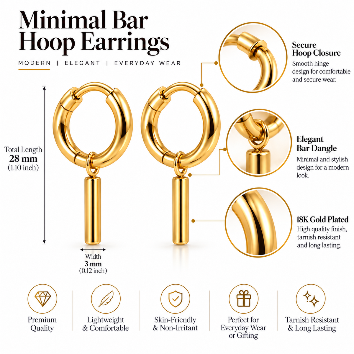 Minimal Bar Drop Hoop Earrings – 18K Gold-Plated