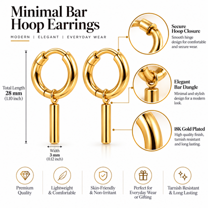 Minimal Bar Drop Hoop Earrings – 18K Gold-Plated