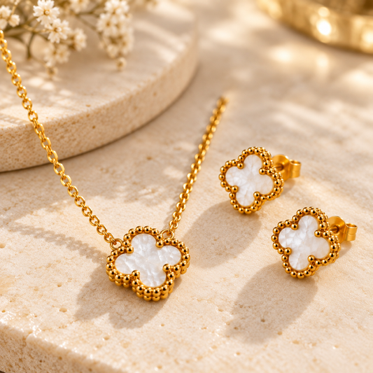 Celeste 18K Gold-Plated Mother-of-Pearl Clover Necklace & Earrings Set