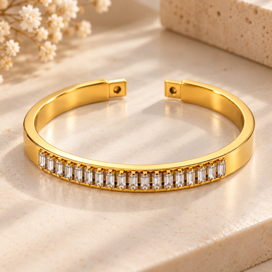 Baguette Crystal Open Cuff Bangle – 18K Gold-Plated