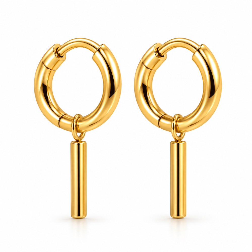 Minimal Bar Drop Hoop Earrings – 18K Gold-Plated