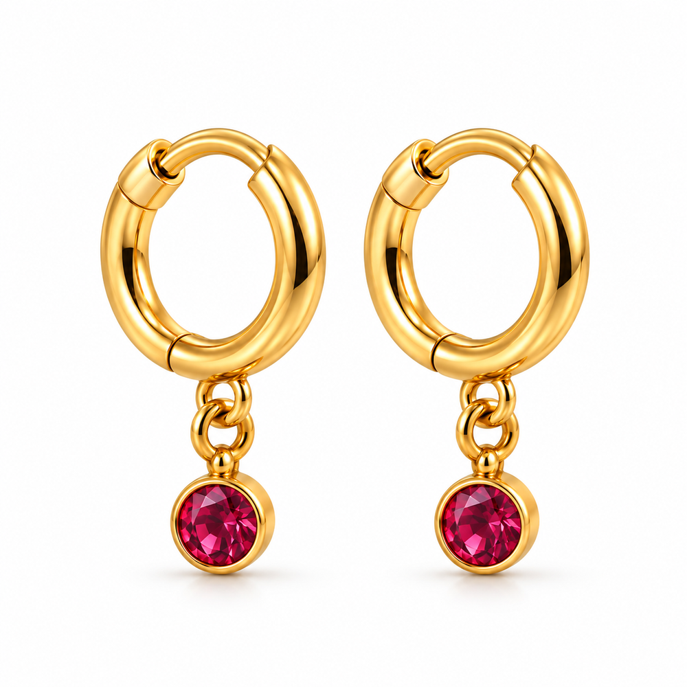 Ruby Red Stone Drop Hoop Earrings – 18K Gold-Plated