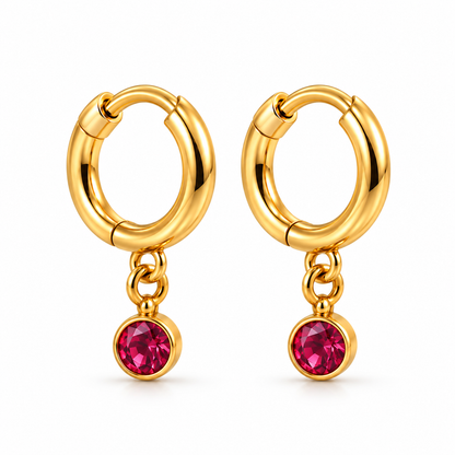 Ruby Red Stone Drop Hoop Earrings – 18K Gold-Plated