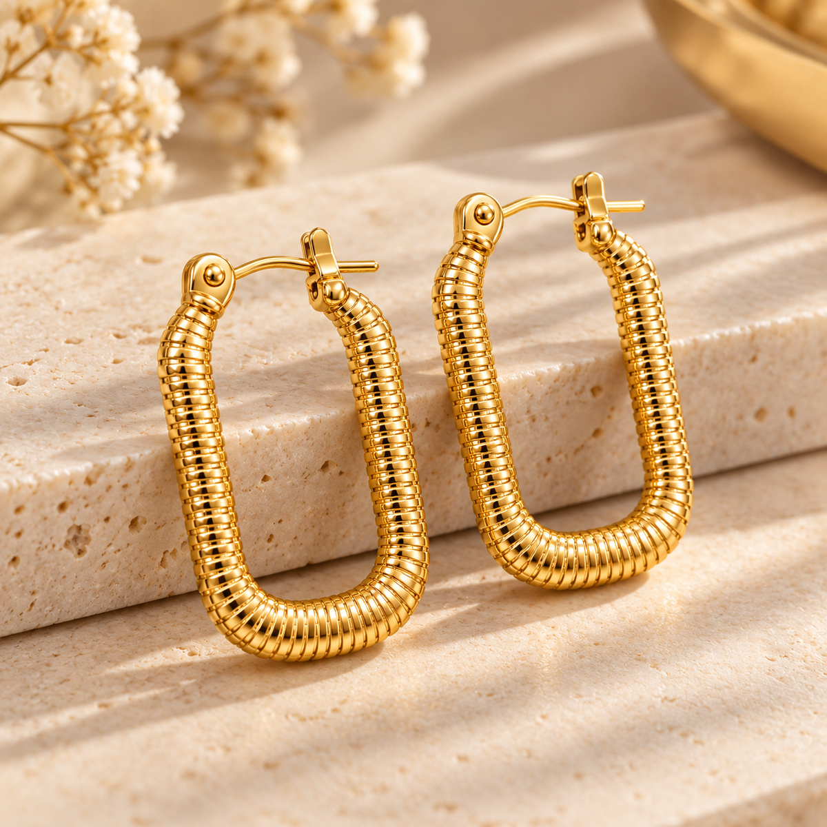 Ribbed U-Shape Hoop Earrings – 18K Gold-Plated