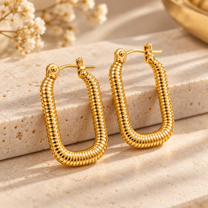 Ribbed U-Shape Hoop Earrings – 18K Gold-Plated